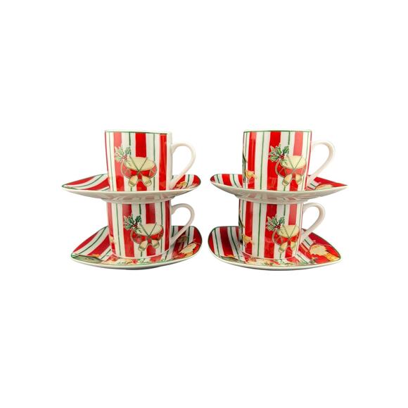 Fine Casa Porcelain Espresso Set – 4 Mugs & Saucers, Snowmen, Birdhouse, & Drum - Picture 1 of 8